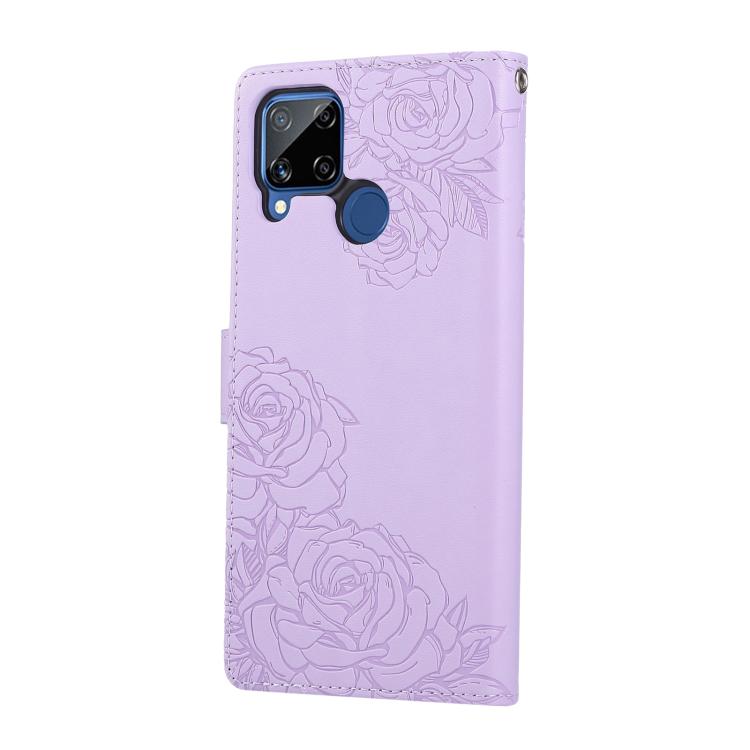 For Realme C25 / C12 / C15 Rose Flower Embossed 3-Card Slots Leather Phone Case