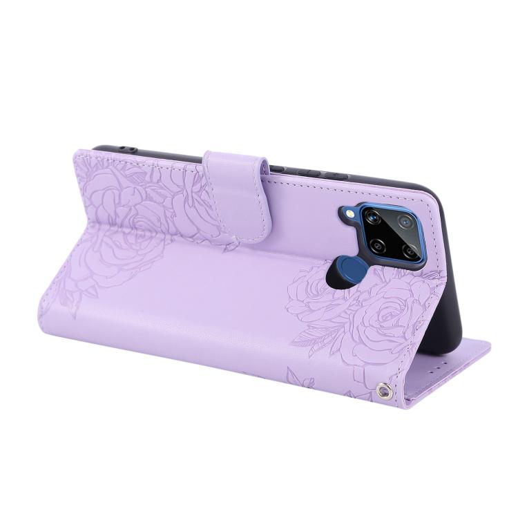 For Realme C25 / C12 / C15 Rose Flower Embossed 3-Card Slots Leather Phone Case