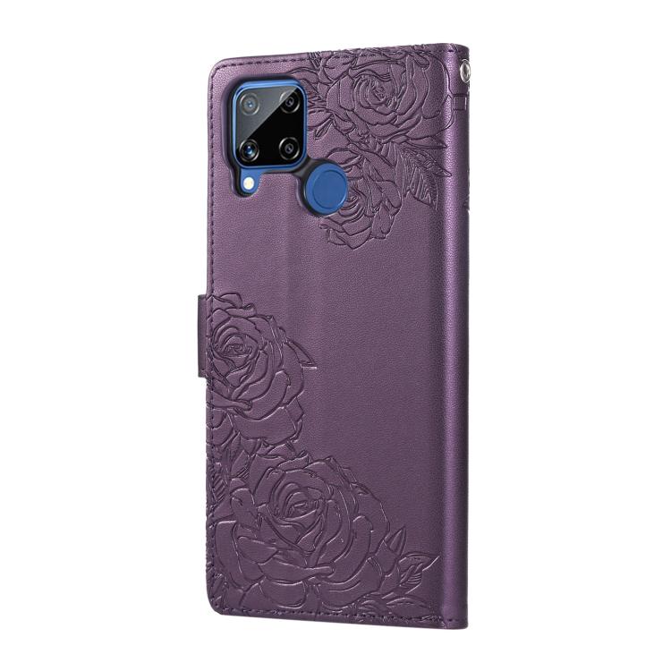 For Realme C25 / C12 / C15 Rose Flower Embossed 3-Card Slots Leather Phone Case