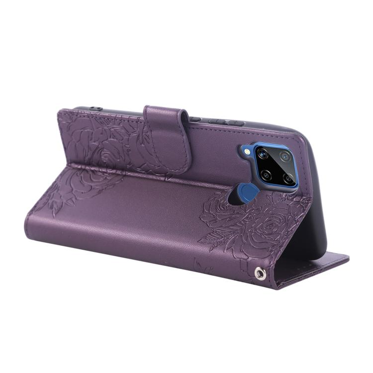 For Realme C25 / C12 / C15 Rose Flower Embossed 3-Card Slots Leather Phone Case