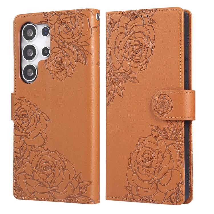 For Samsung Galaxy S25 Ultra 5G Rose Flower Embossed 3-Card Slots Leather Phone Case