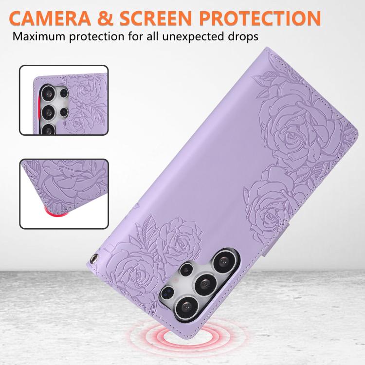 For Samsung Galaxy S25 Ultra 5G Rose Flower Embossed 3-Card Slots Leather Phone Case