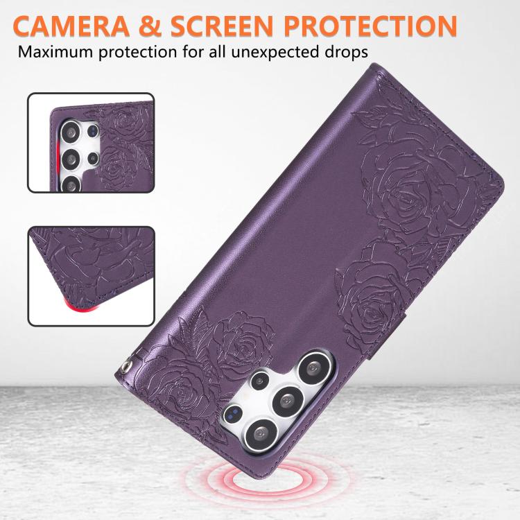 For Samsung Galaxy S25 Ultra 5G Rose Flower Embossed 3-Card Slots Leather Phone Case