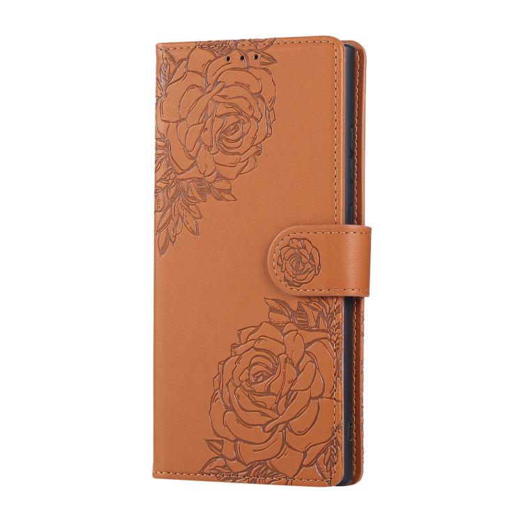 For Samsung Galaxy S23 Ultra 5G Rose Flower Embossed 3-Card Slots Leather Phone Case