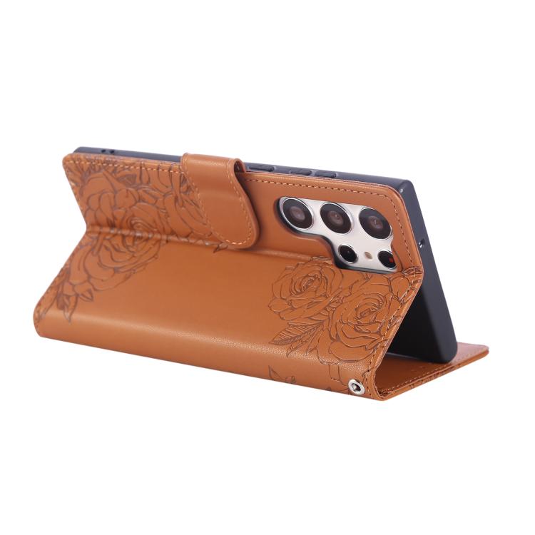 For Samsung Galaxy S23 Ultra 5G Rose Flower Embossed 3-Card Slots Leather Phone Case