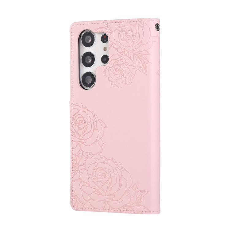 For Samsung Galaxy S23 Ultra 5G Rose Flower Embossed 3-Card Slots Leather Phone Case