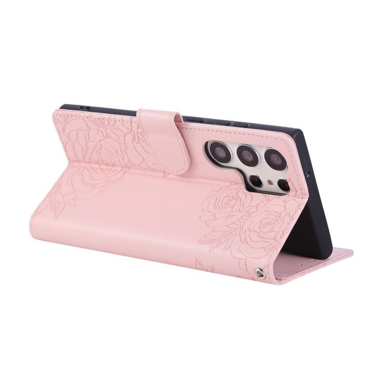For Samsung Galaxy S23 Ultra 5G Rose Flower Embossed 3-Card Slots Leather Phone Case