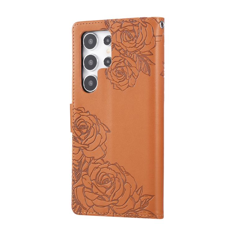 For Samsung Galaxy S22 Ultra 5G Rose Flower Embossed 3-Card Slots Leather Phone Case