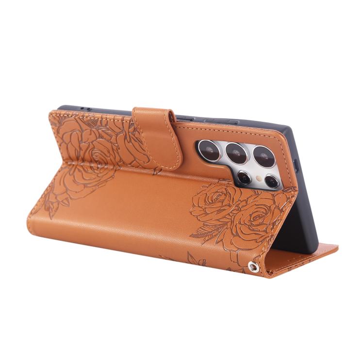 For Samsung Galaxy S22 Ultra 5G Rose Flower Embossed 3-Card Slots Leather Phone Case