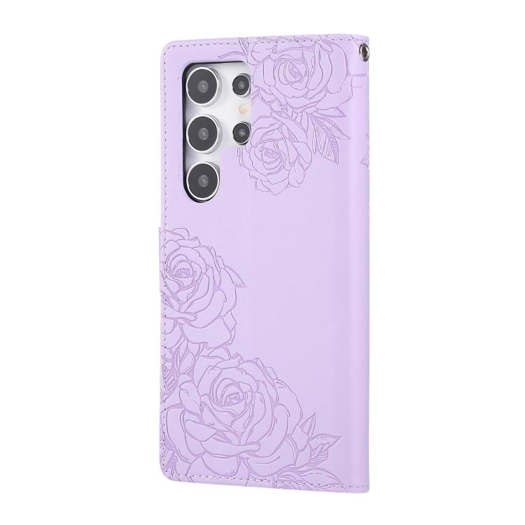 For Samsung Galaxy S22 Ultra 5G Rose Flower Embossed 3-Card Slots Leather Phone Case