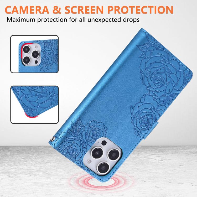 For iPhone 16 Pro Max Rose Flower Embossed 3-Card Slots Leather Phone Case
