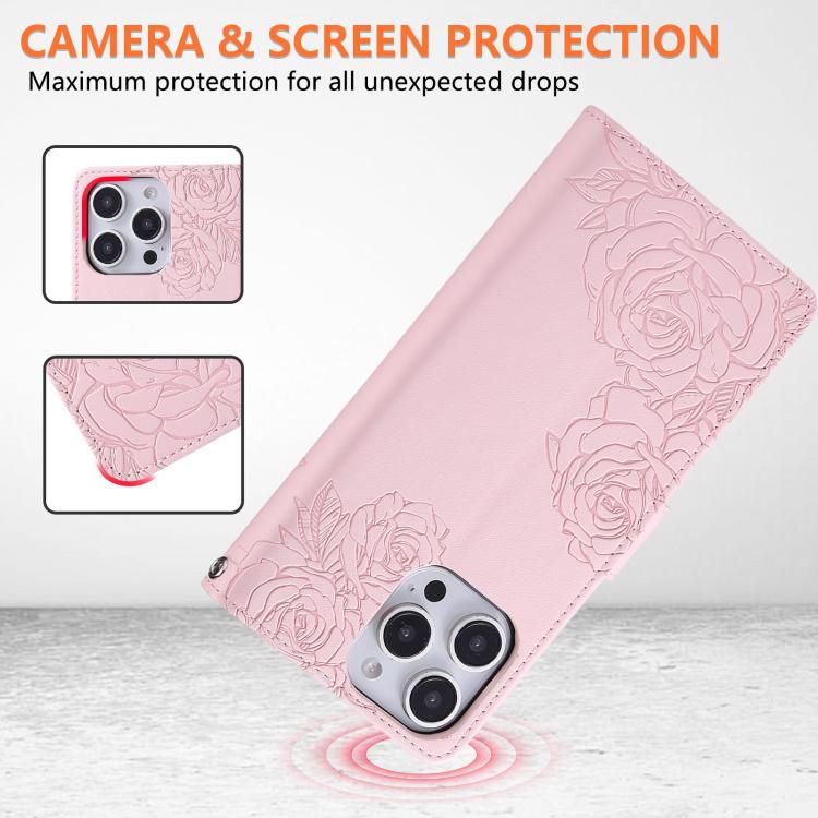 For iPhone 16 Pro Max Rose Flower Embossed 3-Card Slots Leather Phone Case