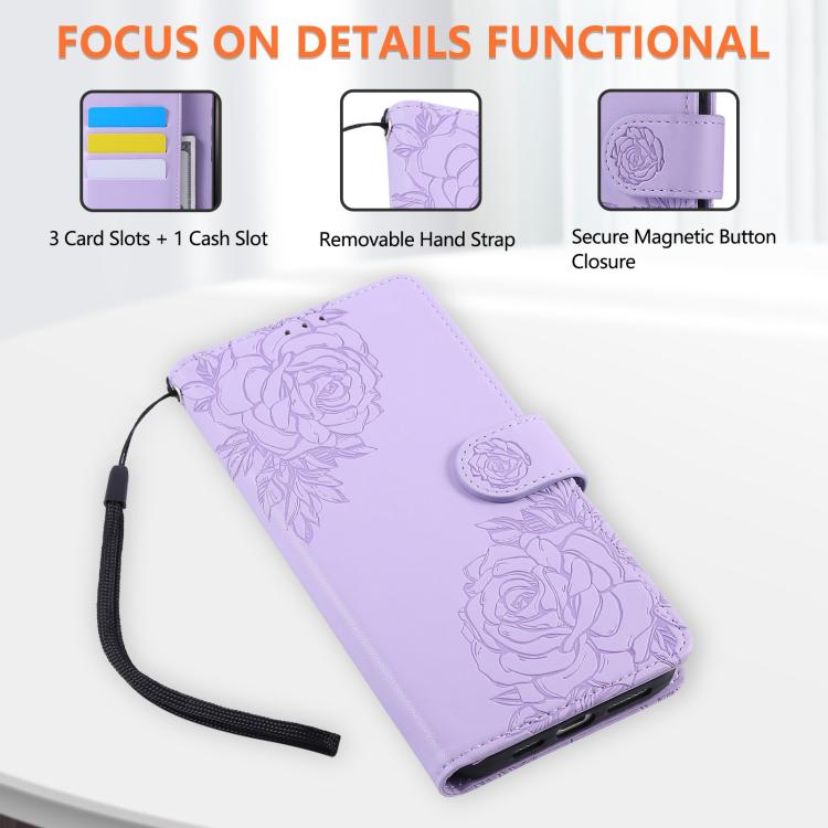 For iPhone 16 Pro Max Rose Flower Embossed 3-Card Slots Leather Phone Case