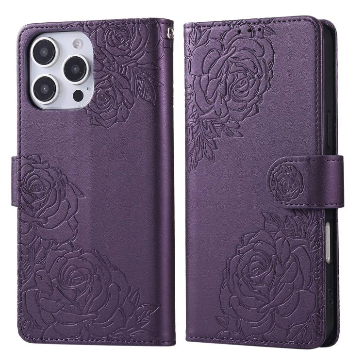 For iPhone 16 Pro Max Rose Flower Embossed 3-Card Slots Leather Phone Case