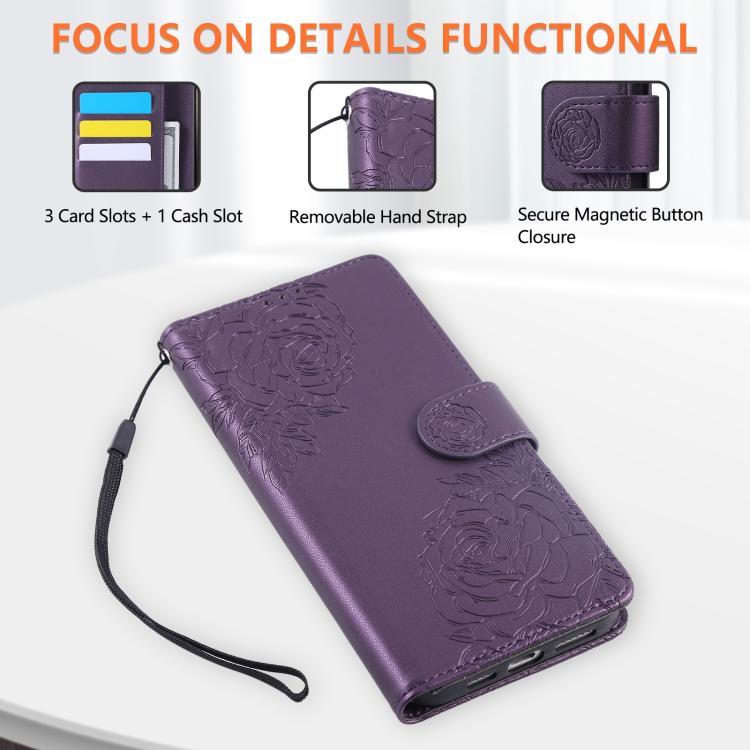 For iPhone 16 Pro Max Rose Flower Embossed 3-Card Slots Leather Phone Case