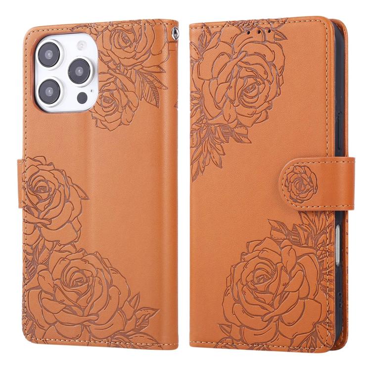 For iPhone 16 Pro Rose Flower Embossed 3-Card Slots Leather Phone Case