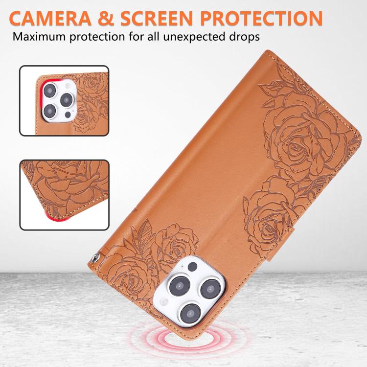 For iPhone 16 Pro Rose Flower Embossed 3-Card Slots Leather Phone Case