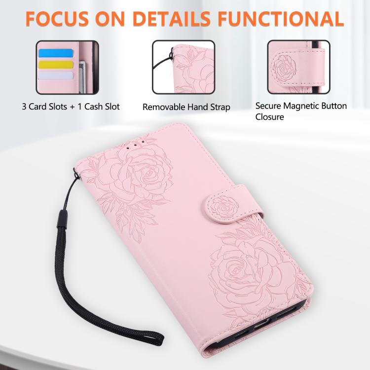 For iPhone 16 Pro Rose Flower Embossed 3-Card Slots Leather Phone Case