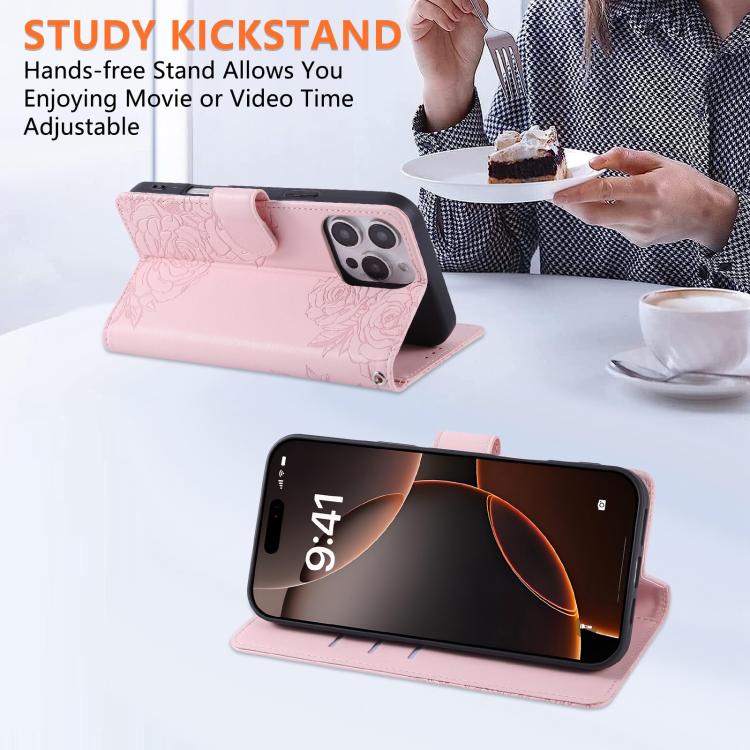 For iPhone 16 Pro Rose Flower Embossed 3-Card Slots Leather Phone Case