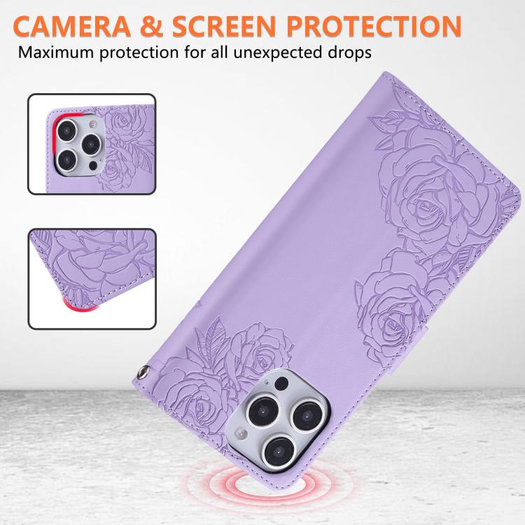 For iPhone 16 Pro Rose Flower Embossed 3-Card Slots Leather Phone Case