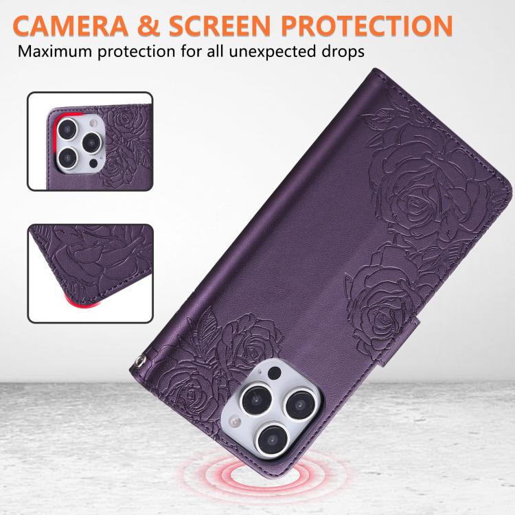 For iPhone 16 Pro Rose Flower Embossed 3-Card Slots Leather Phone Case