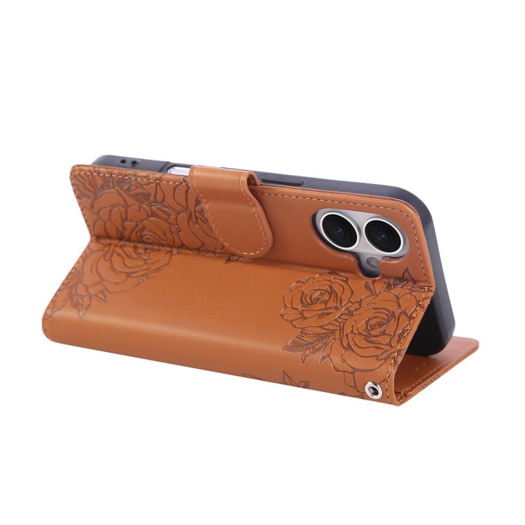 For iPhone 16 Rose Flower Embossed 3-Card Slots Leather Phone Case