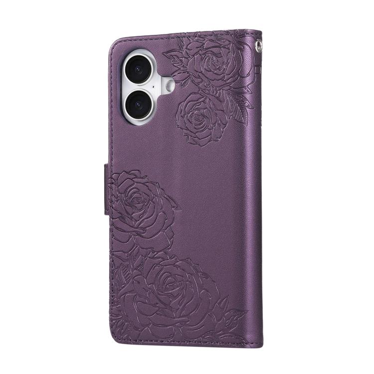 For iPhone 16 Rose Flower Embossed 3-Card Slots Leather Phone Case