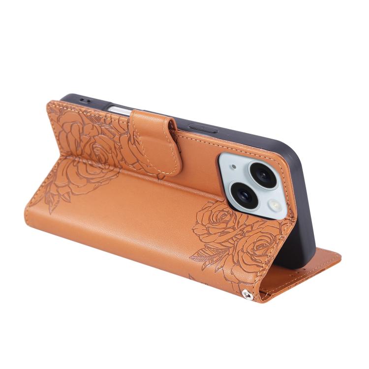 For iPhone 15 Rose Flower Embossed 3-Card Slots Leather Phone Case