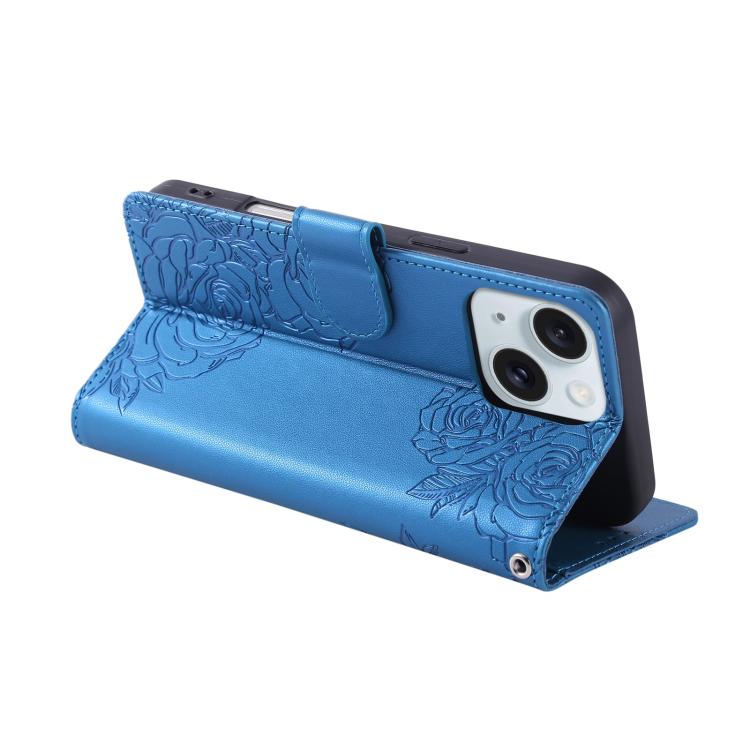 For iPhone 15 Rose Flower Embossed 3-Card Slots Leather Phone Case