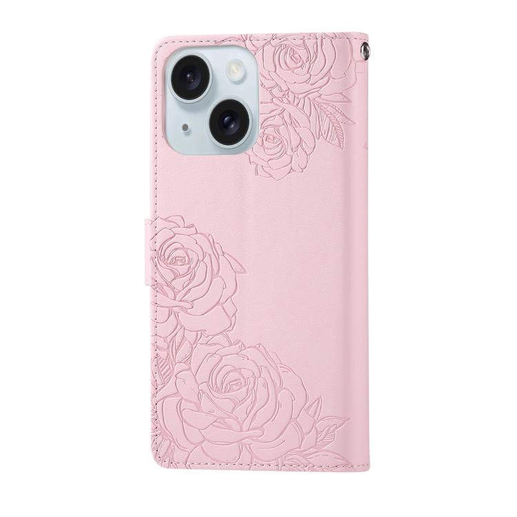 For iPhone 15 Rose Flower Embossed 3-Card Slots Leather Phone Case