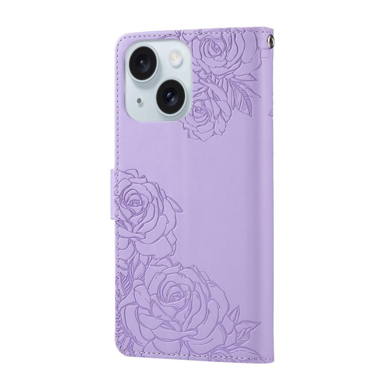 For iPhone 15 Rose Flower Embossed 3-Card Slots Leather Phone Case