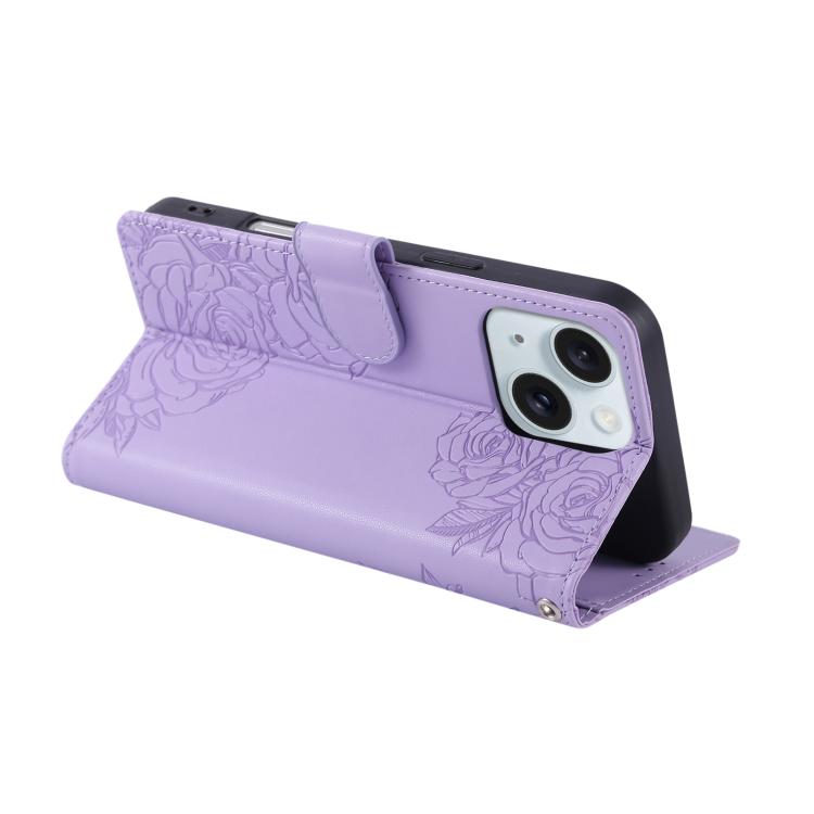 For iPhone 15 Rose Flower Embossed 3-Card Slots Leather Phone Case
