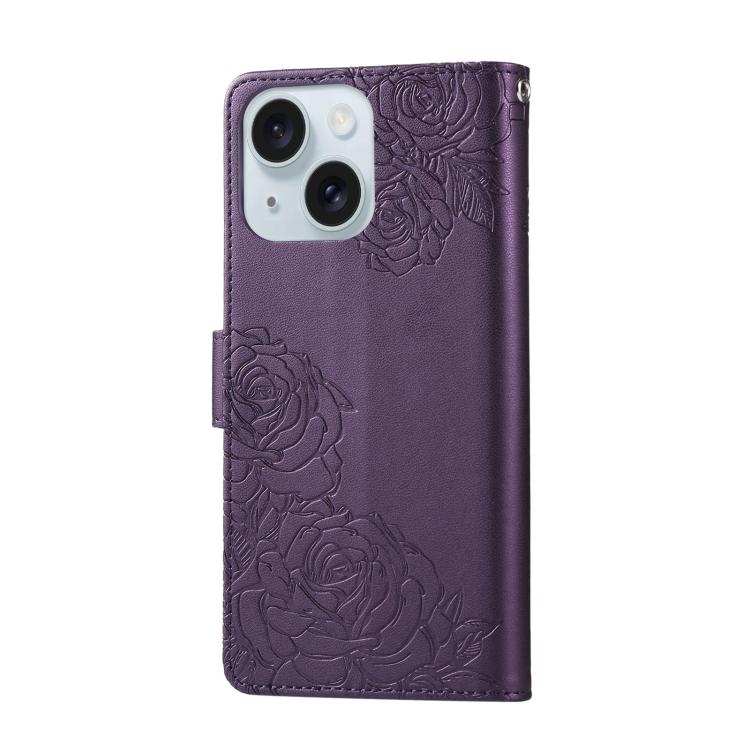 For iPhone 15 Rose Flower Embossed 3-Card Slots Leather Phone Case