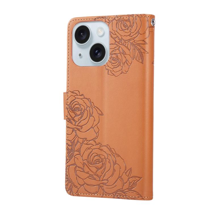 For iPhone 15 Plus / 14 Plus Rose Flower Embossed 3-Card Slots Leather Phone Case