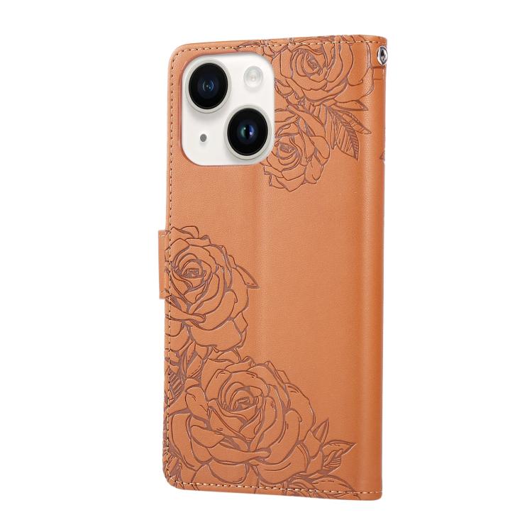 For iPhone 14 / 13 Rose Flower Embossed 3-Card Slots Leather Phone Case