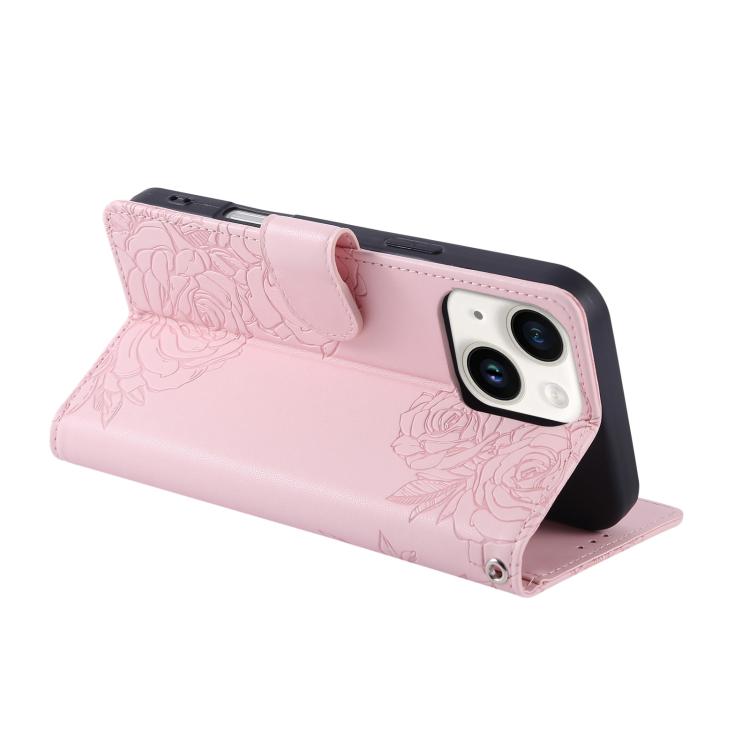 For iPhone 14 / 13 Rose Flower Embossed 3-Card Slots Leather Phone Case