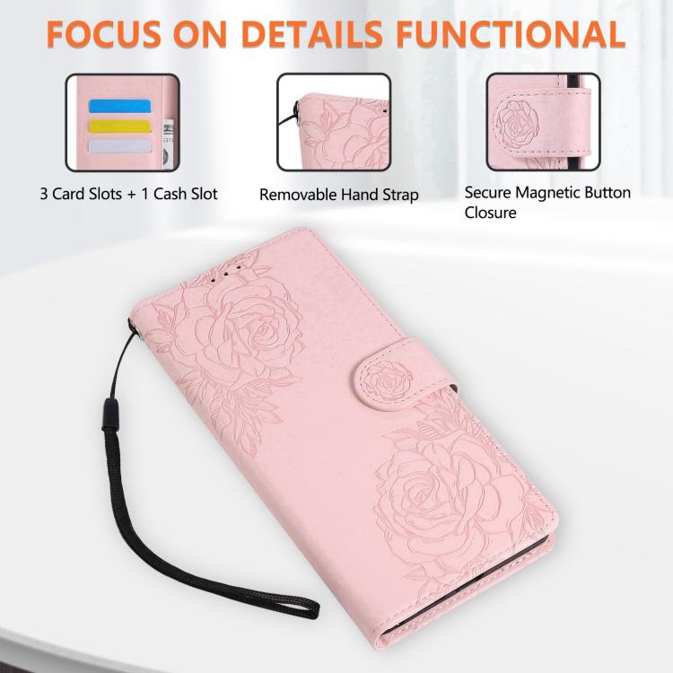 For iPhone 14 Pro Rose Flower Embossed 3-Card Slots Leather Phone Case