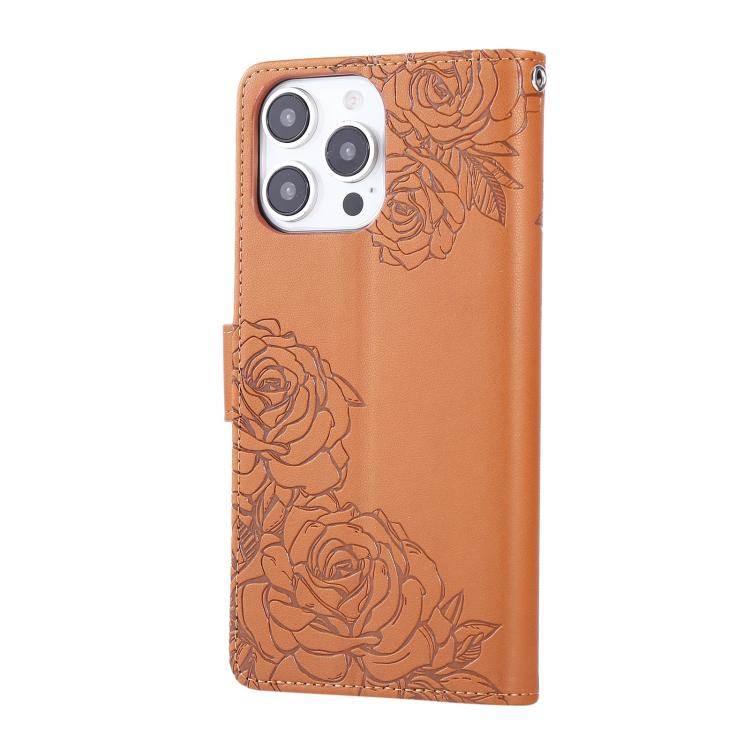 For iPhone 15 Pro Rose Flower Embossed 3-Card Slots Leather Phone Case