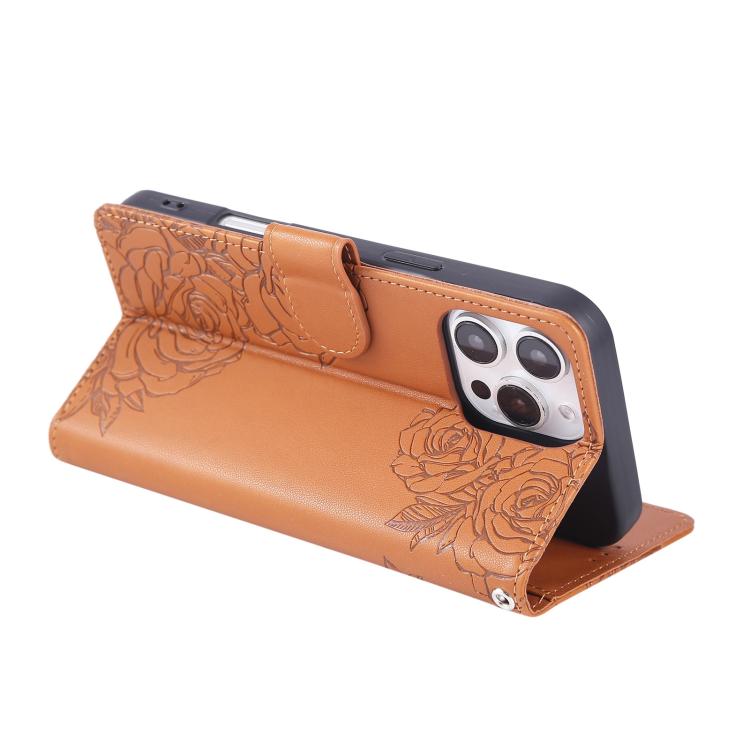 For iPhone 15 Pro Rose Flower Embossed 3-Card Slots Leather Phone Case