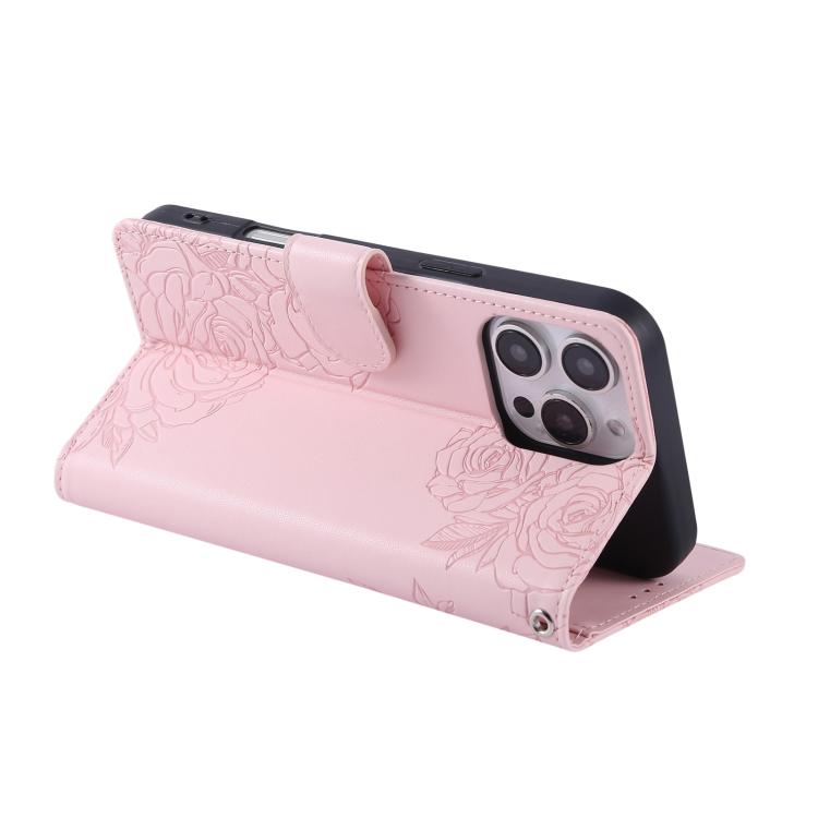 For iPhone 15 Pro Rose Flower Embossed 3-Card Slots Leather Phone Case