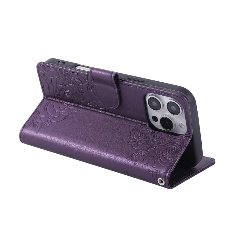 For iPhone 13 Pro Rose Flower Embossed 3-Card Slots Leather Phone Case