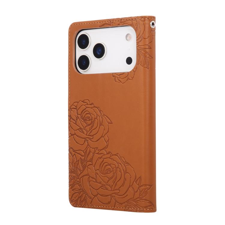 For iPhone 17 Pro Max Rose Flower Embossed 3-Card Slots Leather Phone Case