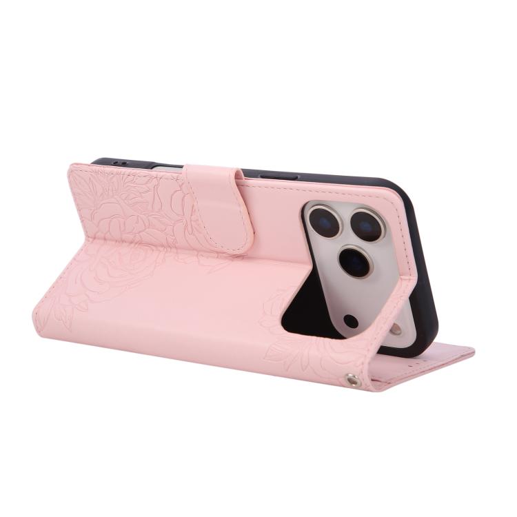 For iPhone 17 Pro Max Rose Flower Embossed 3-Card Slots Leather Phone Case