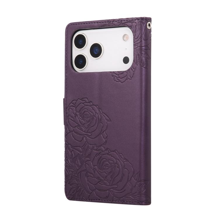 For iPhone 17 Pro Max Rose Flower Embossed 3-Card Slots Leather Phone Case