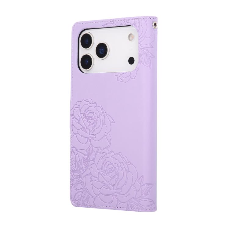 For iPhone 17 Pro Rose Flower Embossed 3-Card Slots Leather Phone Case