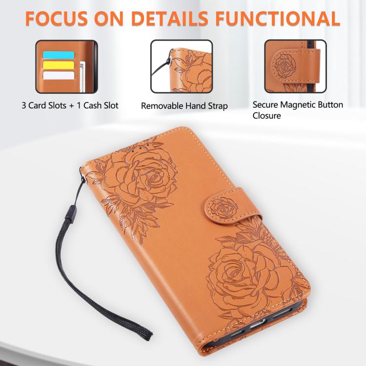For iPhone 17 Rose Flower Embossed 3-Card Slots Leather Phone Case