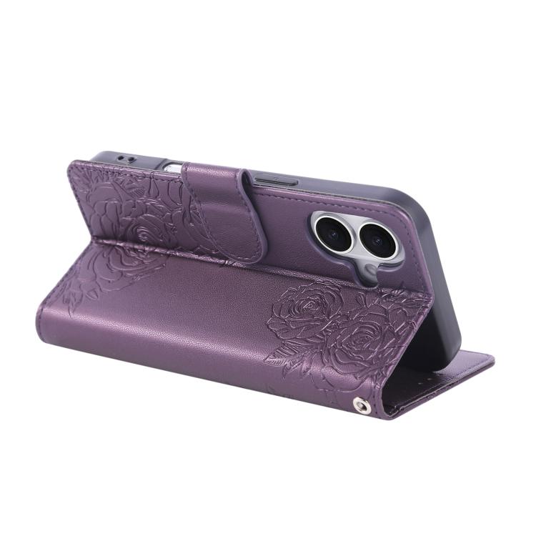 For iPhone 17 Rose Flower Embossed 3-Card Slots Leather Phone Case