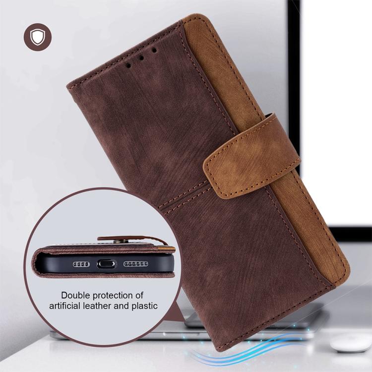 For iPhone 15 Color Stitching Skin Feel Leather RFID Blocking Phone Case