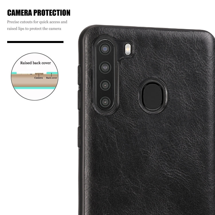 For Samsung Galaxy A21 Crazy Horse Textured Calfskin PU+PC+TPU Case