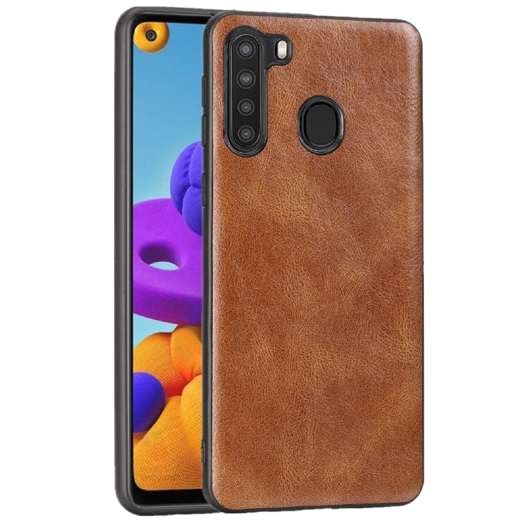 For Samsung Galaxy A21 Crazy Horse Textured Calfskin PU+PC+TPU Case